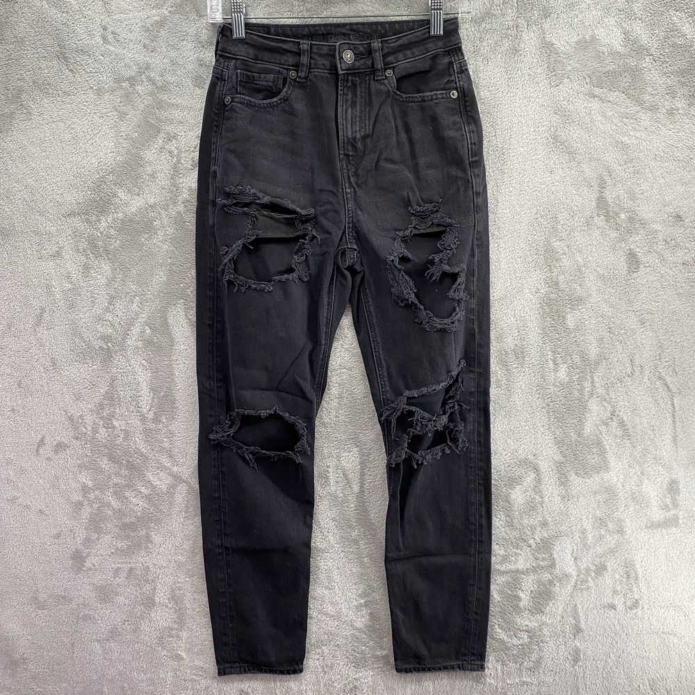 American Eagle Mom Jeans Womens 0 Black Denim Ripped Distressed High Rise 26x27